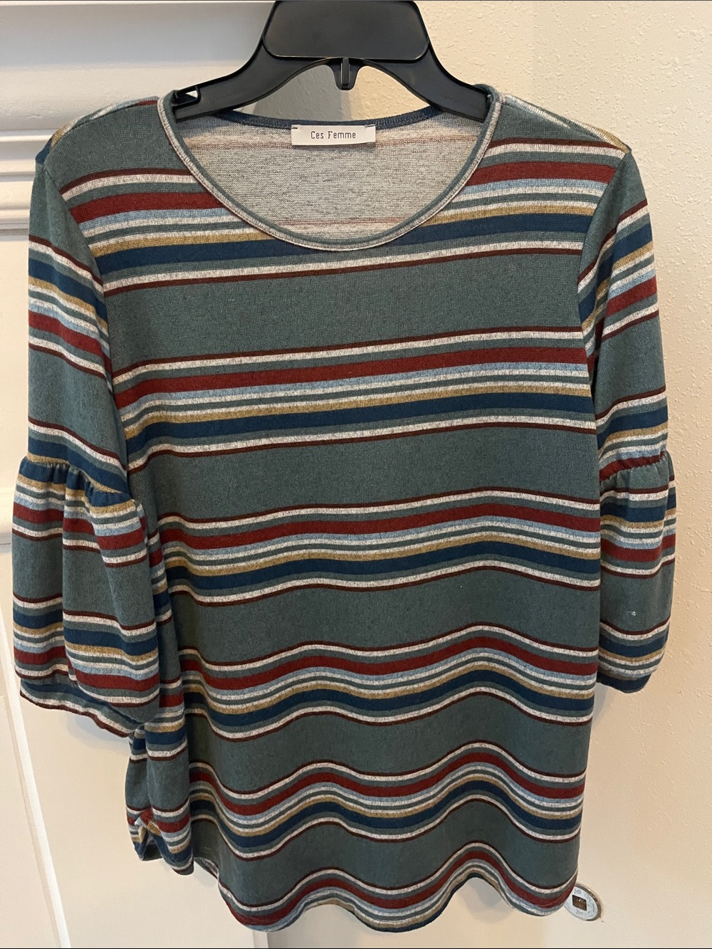 Ces Femme Teal Striped Puff-Sleeve Women's Top